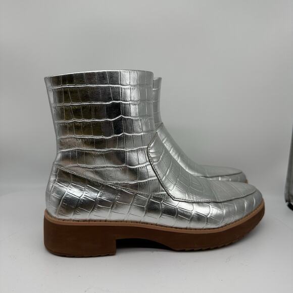 Fitflop Kinbey Croc Embossed Ankle Metallic Silver Boot Shoes Womens Size 6 - Picture 7 of 15